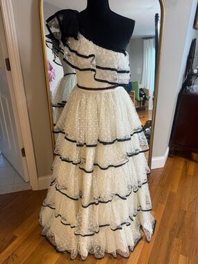 Alfred Angelo White One-Shoulder Tiered Ruffled Gown with Black Trim